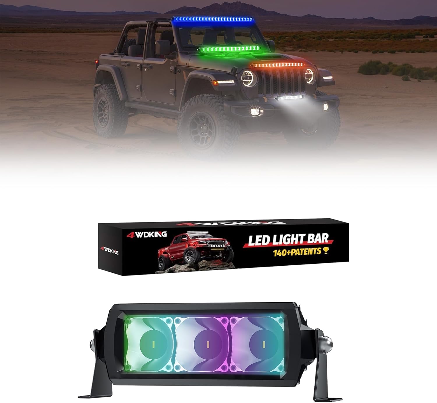 4WDKING RGB LED Light Bar for Pickup,12 inch Multi-Color Flood Spot Combo LED Fog Driving Pods IP68&IP69K Waterproof for Wrangler Jeep ATV UTV Cars Off Road Boat Lights