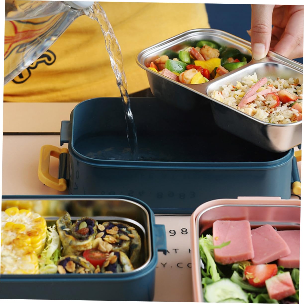 Boîte à Lunch Compartimentée Isotherme 2 Niveaux 304 Acier Inoxydable Bleu Portable pour Bureau et École Conteneur Alimentaire Étanche Pratique