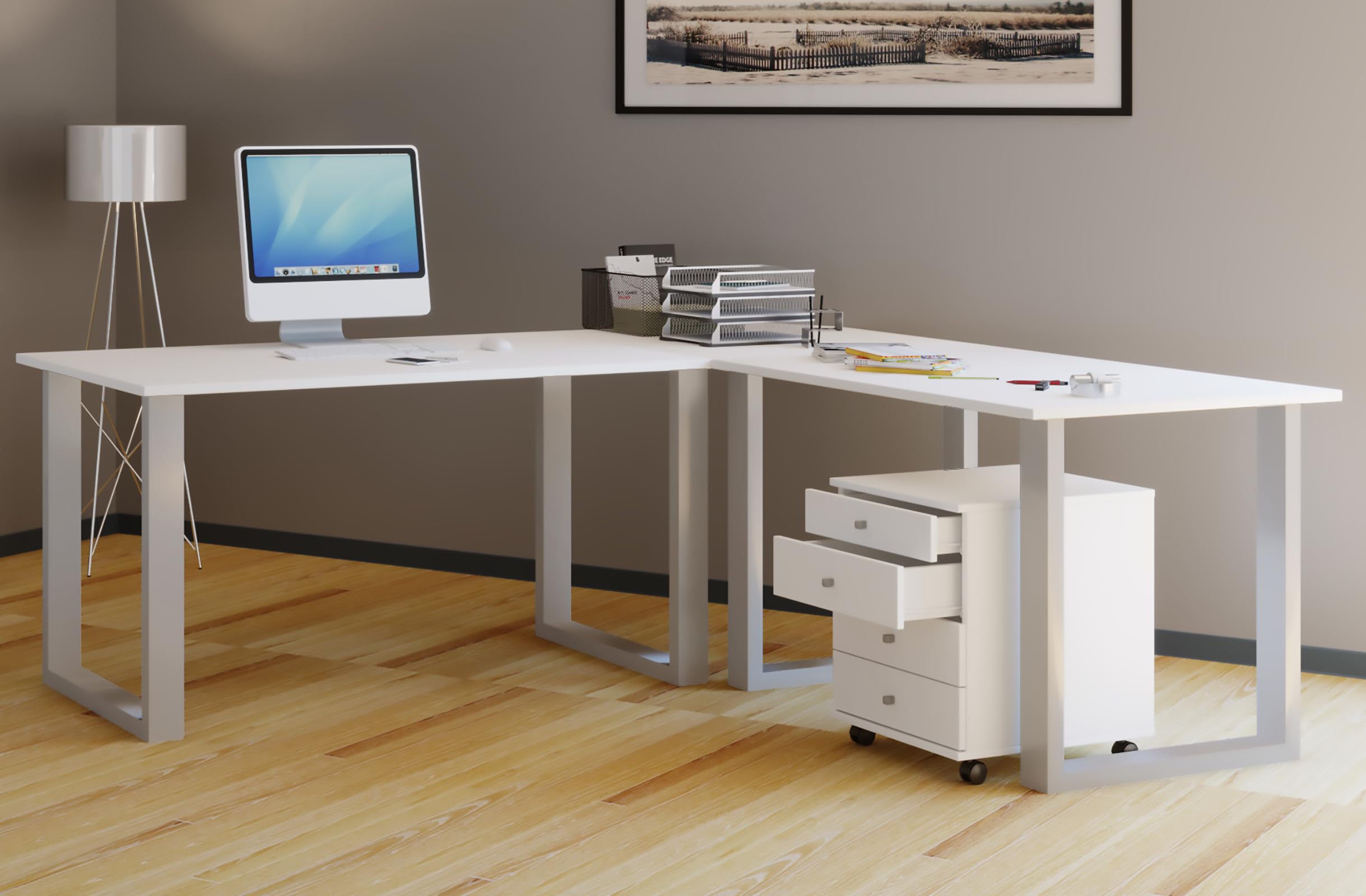 VCM Holz Schreibtisch | Eckschreibtisch Schlicht | 130x130 | L Form Links Oder rechts | Arbeitstisch Platte 50 cm Tief | Computertisch Büromöbel - Lona U Silber/Weiß