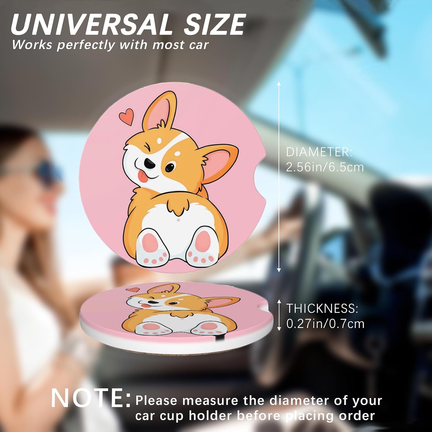 2 Pack Car Cup Holder Corgi Dog Coasters Absorbent Ceramic Coaster for Cup Holders Fashion Car Interior Accessories for Men Drink Coaster for Women image 2