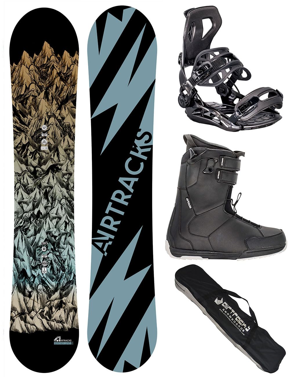 Airtracks Snowboard Set - Mountain Lines Snowboard Wide Flat Zero Rocker + Bindung Master Fastec MULTIENTRY + Boots + SB Bag 156 159 163 165 cm