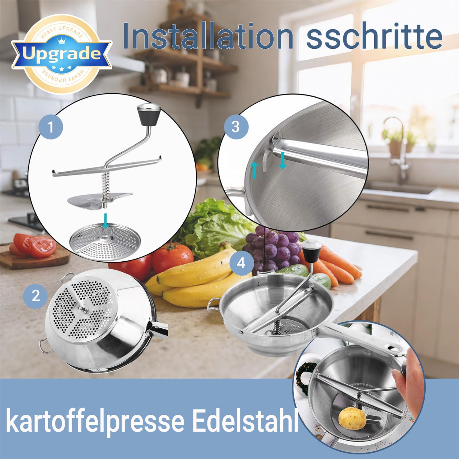 Passiergerät mit 3 Passiersieb,Manuelle Kartoffelstampfer Edelstahl,Classic Potato Masher,Kartoffelpresse Edelstahl,Passiermühle Gemüsemühle,für Soße, Kartoffelpüree,Marmelade