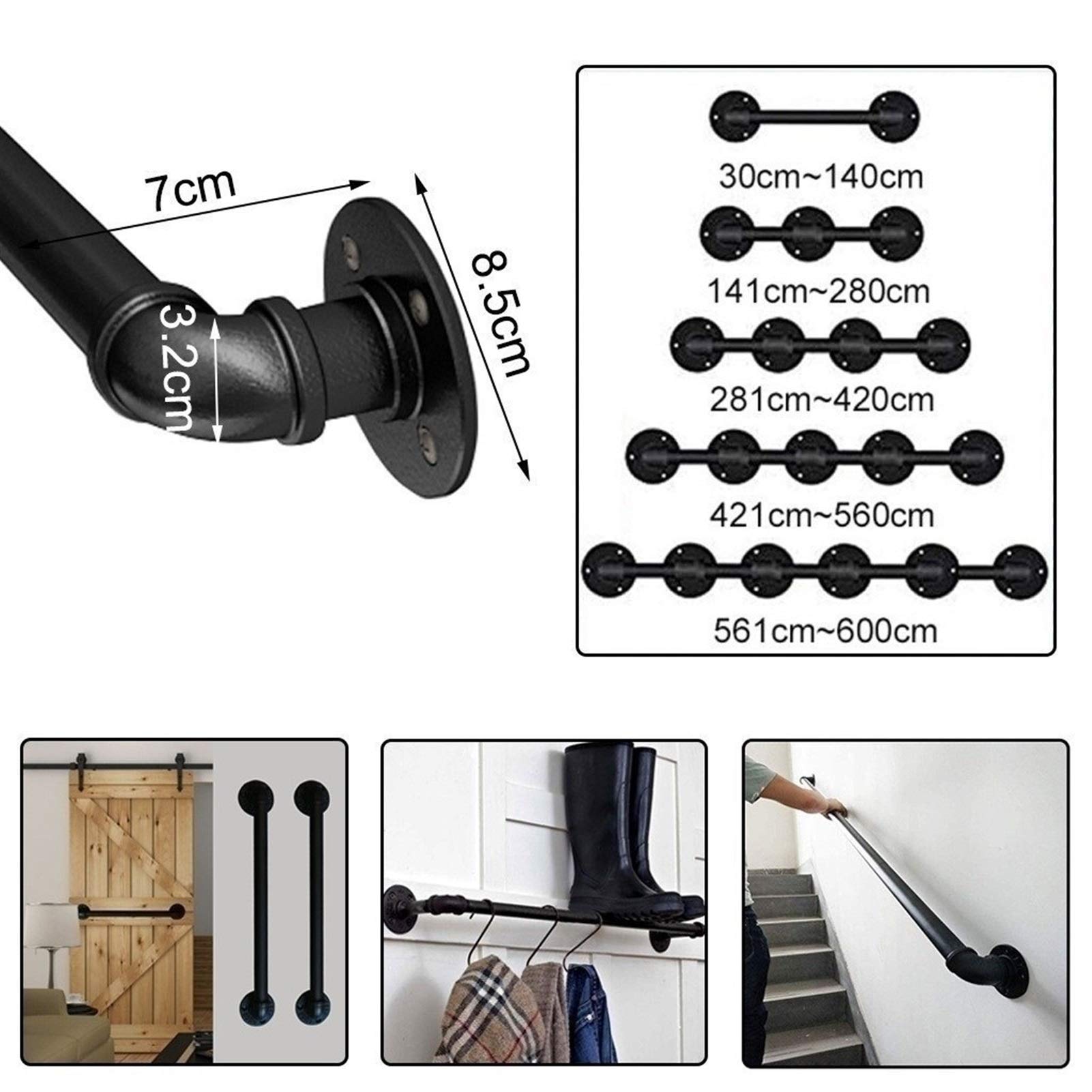 Treppen-Handlauf für Wände, rutschfeste Sicherheits-Treppengeländer mit Halterungen, Haltegriff, Wandhalterungen und Metallschrauben, Innen- und Außentreppe, Kindergartenkorridor, Schwarz (