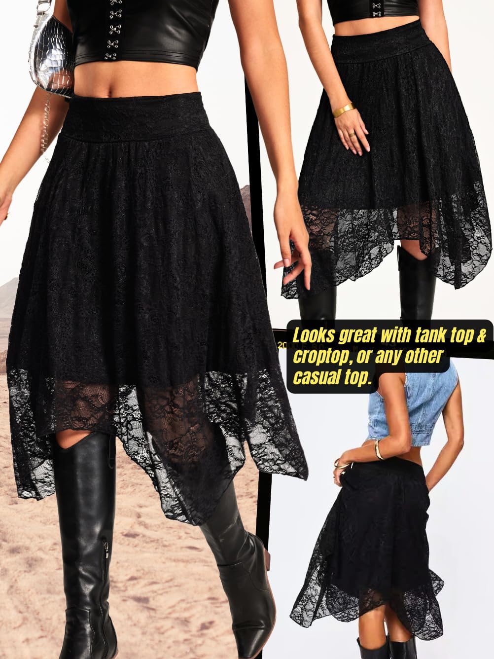 Women's Lace Midi Skirt, Lining Layer Flowy Goth Renaissance Skirts, Country Concert Outfits Steampunk Music Festival - Image 6