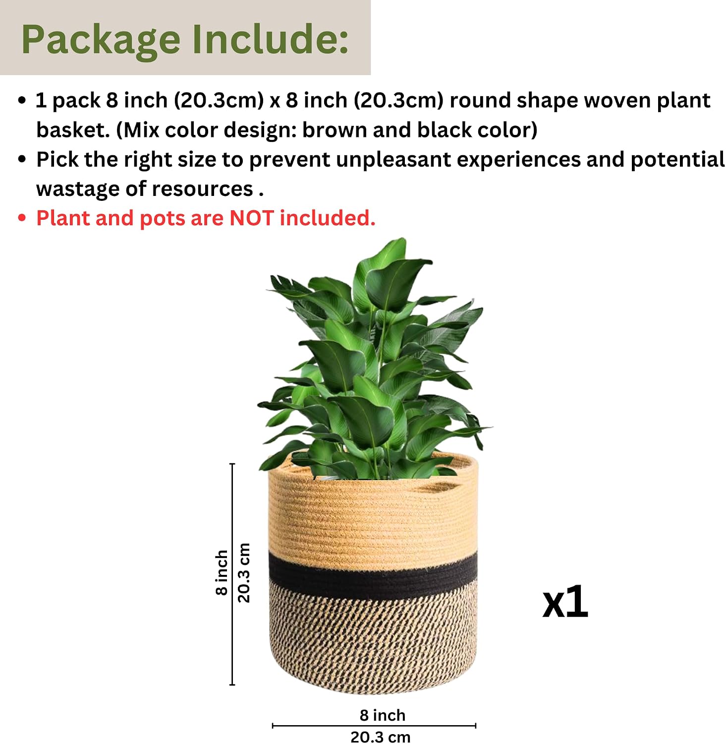 Maxona Round Jute Cotton Rope Woven Plant Basket with Handles 8'’x8'’ Brown and Black Color: 1 Pack Floor Indoor Planter Flower Pot Household Storage Basket Container Bin Home Rustic Decorative Simple