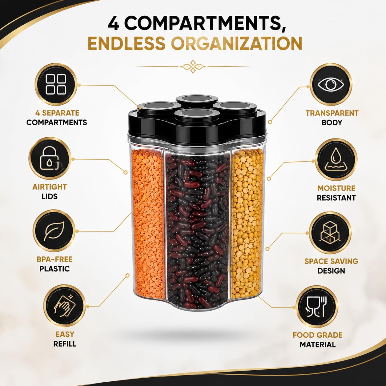 TAZLYN Contenedores 4 en 1 para almacenamiento, caja de almacenamiento de cocina para contenedores de cocina, cajas de cocina para almacenamiento en tarros de cocina y contenedores caja para
