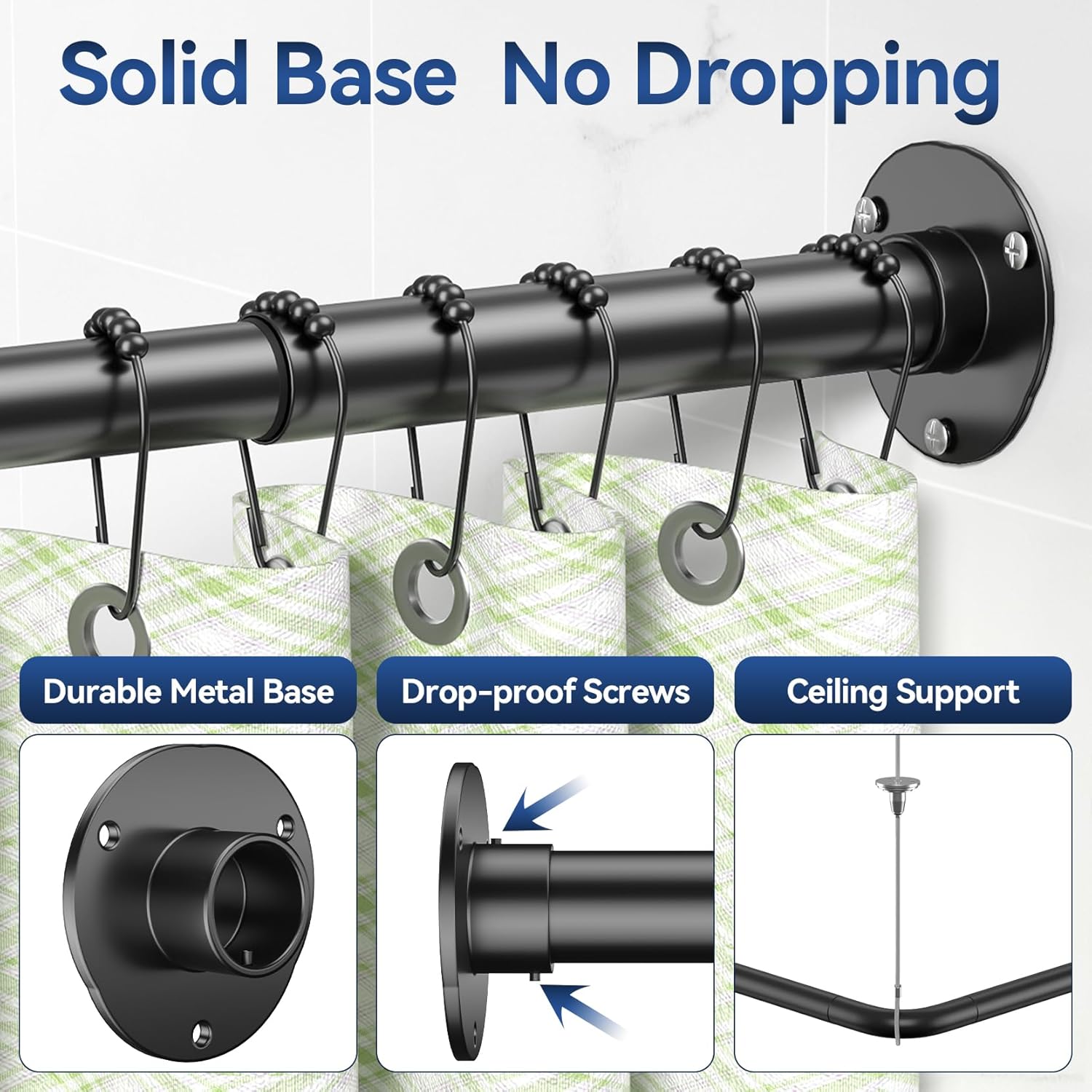 L Shaped Shower Curtain Rods, Adjustable (23''-69'' X 23''-69'') Corner Shower Rod with 12 Shower Curtain Rings, All 304 Stainless Steel, for Bathroom, Bathtub, Clothing Store, Need to Drill, Black