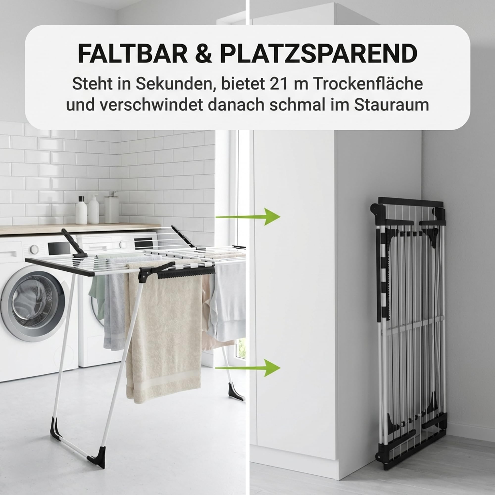 Gardissimo Ausziehbarer Wäscheständer Extend, 21 m Trockenfläche | Ausklappbare Flügel, Extra Dicke Leinen, Integrierte Rollen, Faltbar und Platzsparend