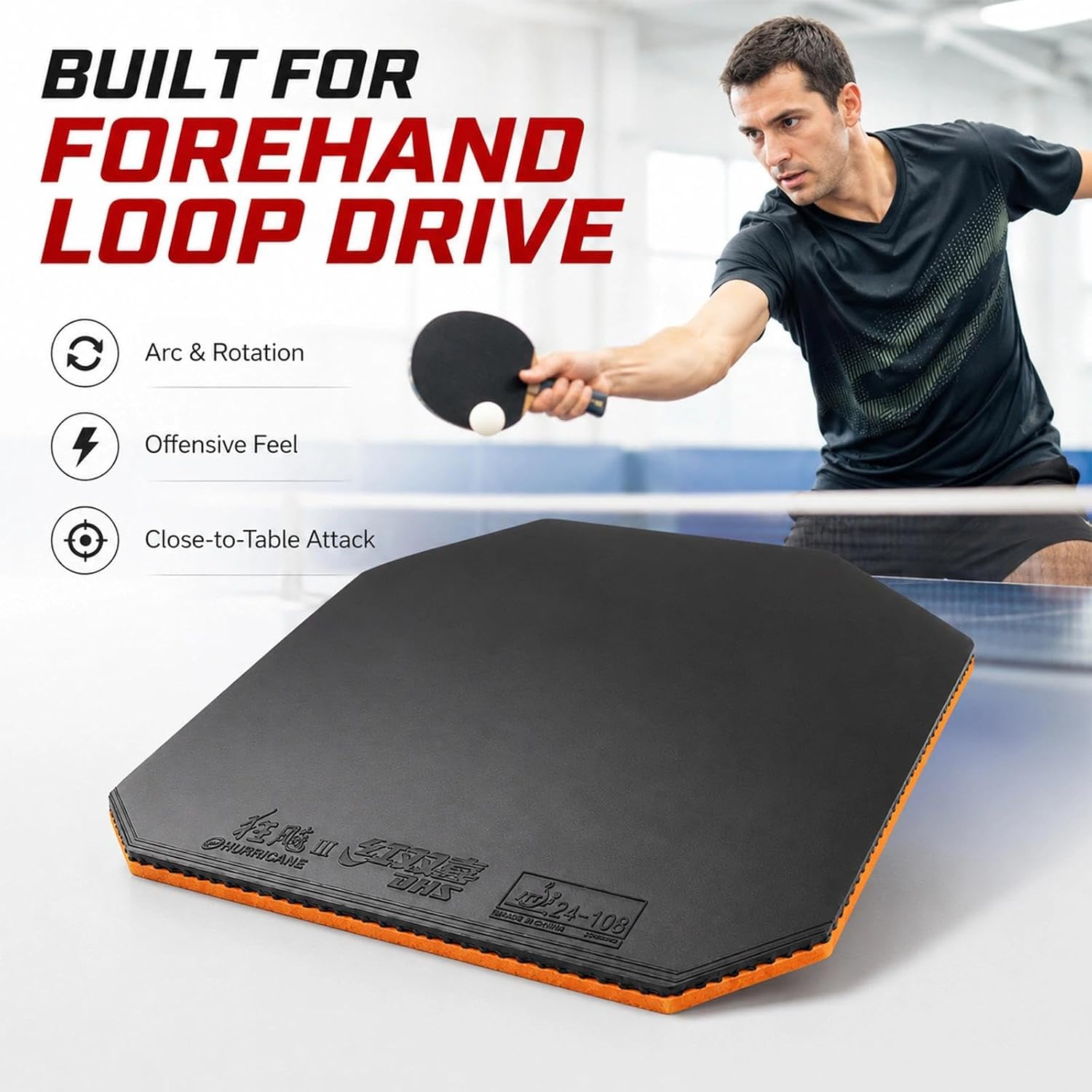 DHS Hurricane 3 Table Tennis Rubber, Tacky Inverted Ping Pong Paddle Rubber Sheet for Heavy Spin, Forehand Loop Drive, Fast Attack and Custom Racket Replacement