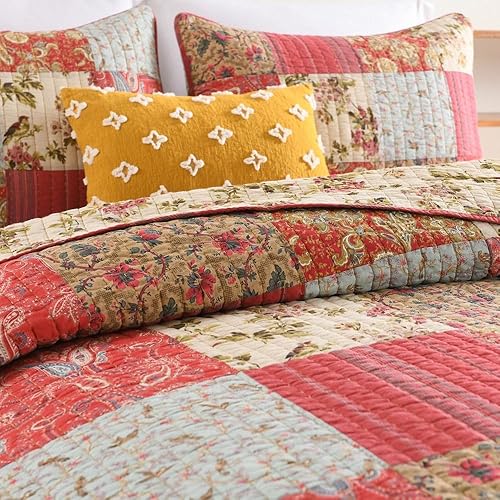 Miniatura 5 de Autumn Dream Juego de colcha de algodón reversible, juego de ropa de cama reversible, colcha de retazos florales vintage rojo y azul, tamaño King