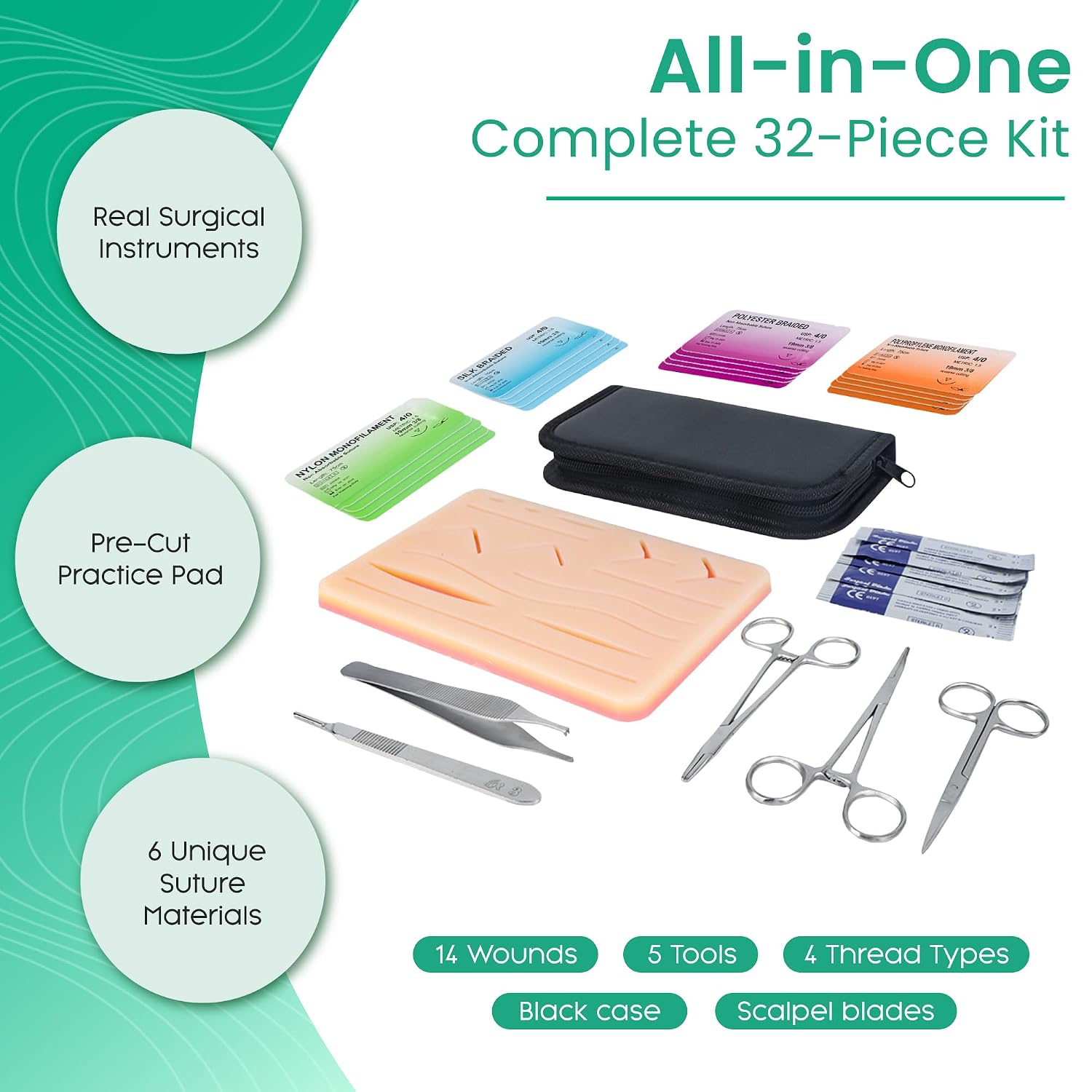 Suture Practice Kit, 32 Pc Suturing Kit with Large Silicone Pad & Tools