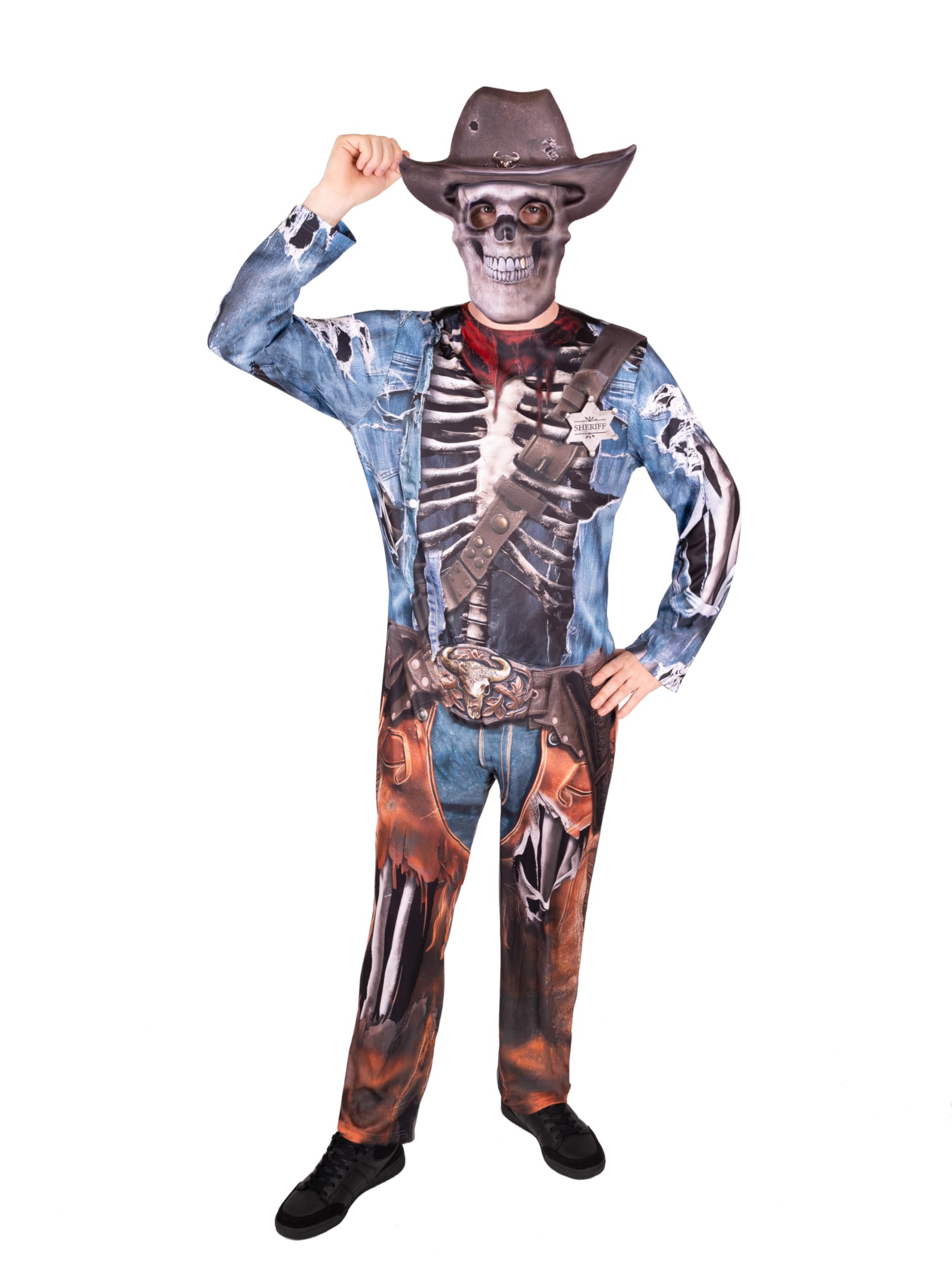 Adult Zombie Cowboy Halloween Costume  Mens Ghoul Skeleton Cowboy Jumpsuit with EVA Digital Print Mask  Scary Western Sheriff Fancy Dress - Large - X-Large