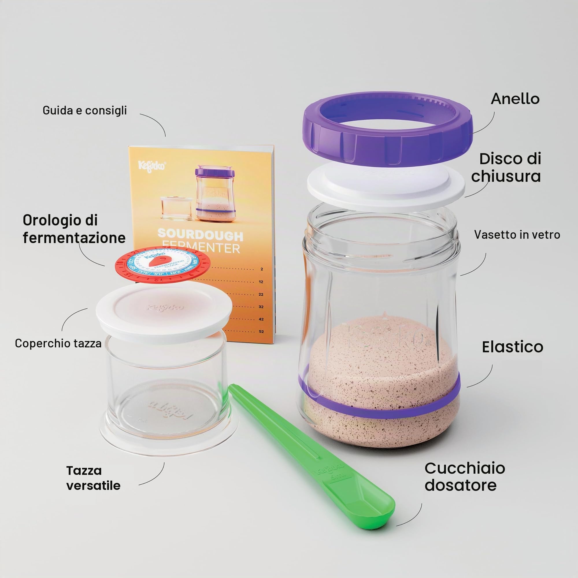 Kefirko Fermentatore a lievito naturale, barattolo di vetro, cucchiaio dosatore, orologio per la fermentazione e libro di istruzioni, 900 ml (viola, 900 ml)
