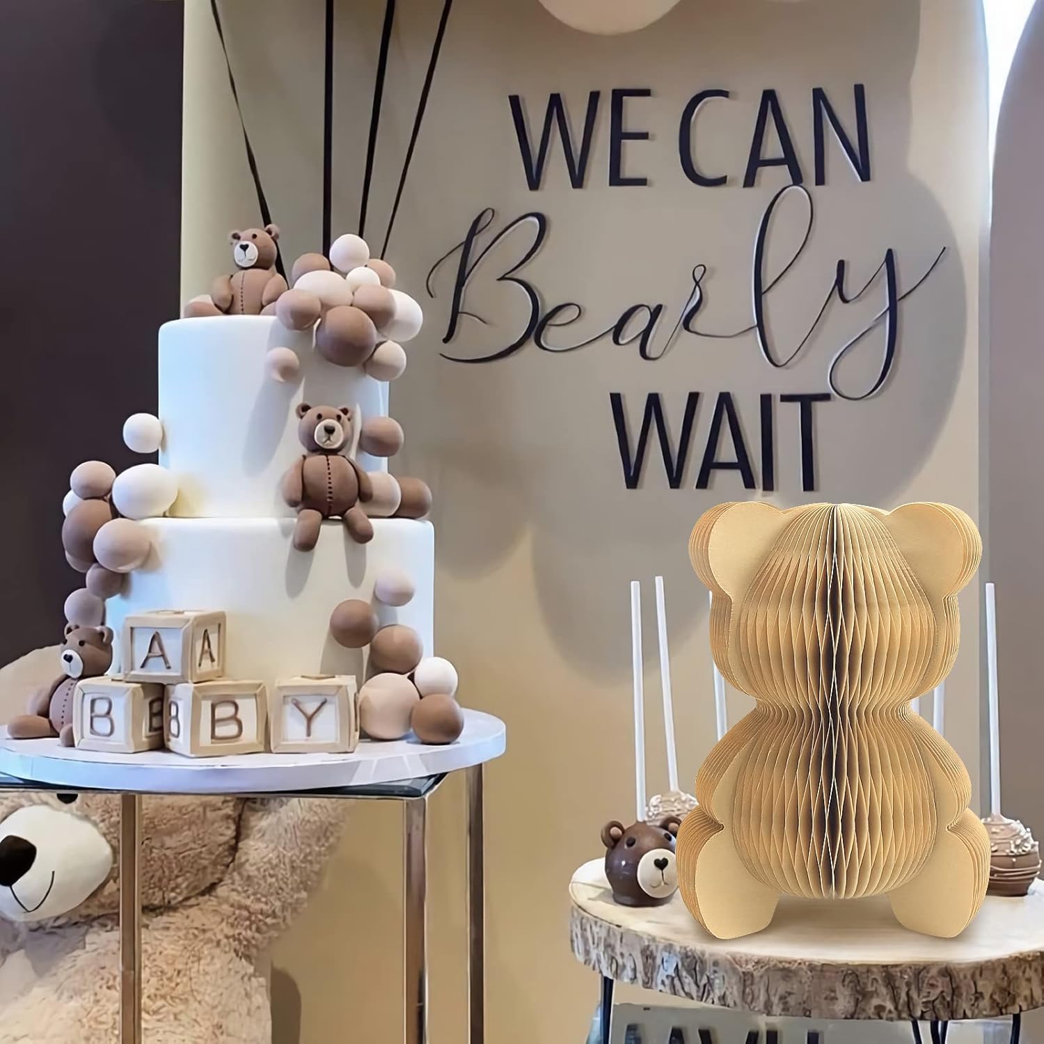 4 Pcs Bear Honeycomb Centerpieces, 10" Cute Bear Table Toppers for We Can Bearly Wait Baby Shower Decorations, Bear Themed Birthday Party Supplies