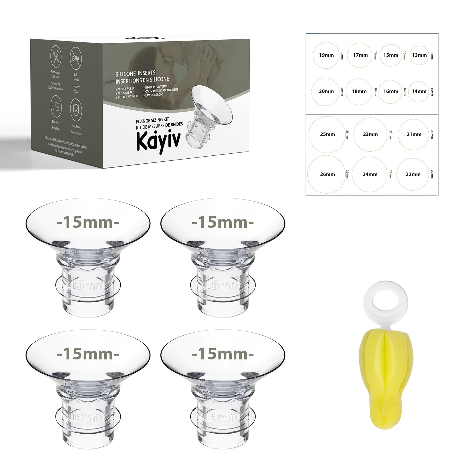 4PCS Flange Insert 15mm for Momcozy M5/M6/M9/S9 Pro/S12 Pro/V1 Pro/Medela/Spectra/Lansinoh/Elvie/Eufy 24mm Flange/Shield, Silicone Flange Sizing Kit of Most Pumps, Reduce 24mm Tunnel Down to Other Size - 1