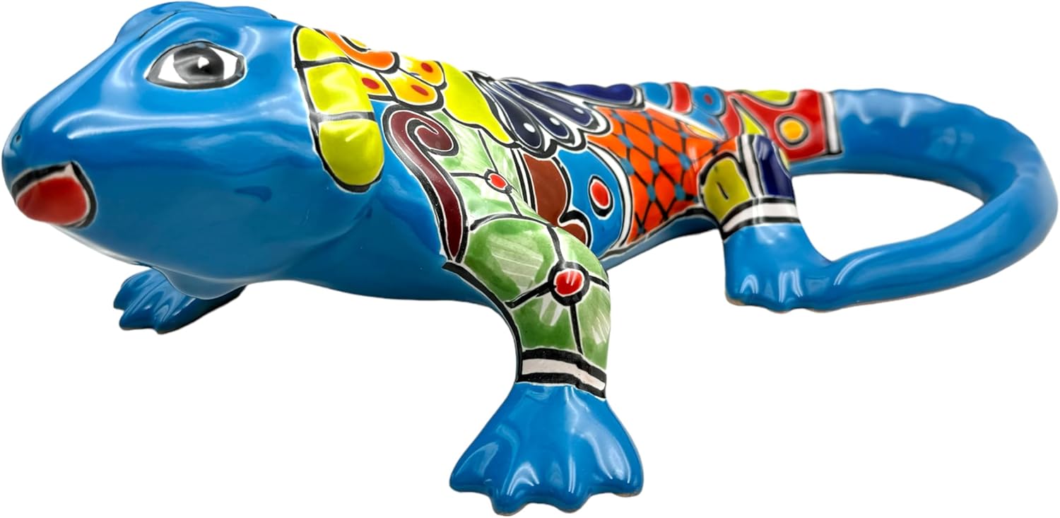 Talavera Iguana Sculpture Large Mexican Pottery Folk Art Hand Painted Indoor Handmade Multicolor Garden Home Decor Outdoor 16.25" (Multi 7)