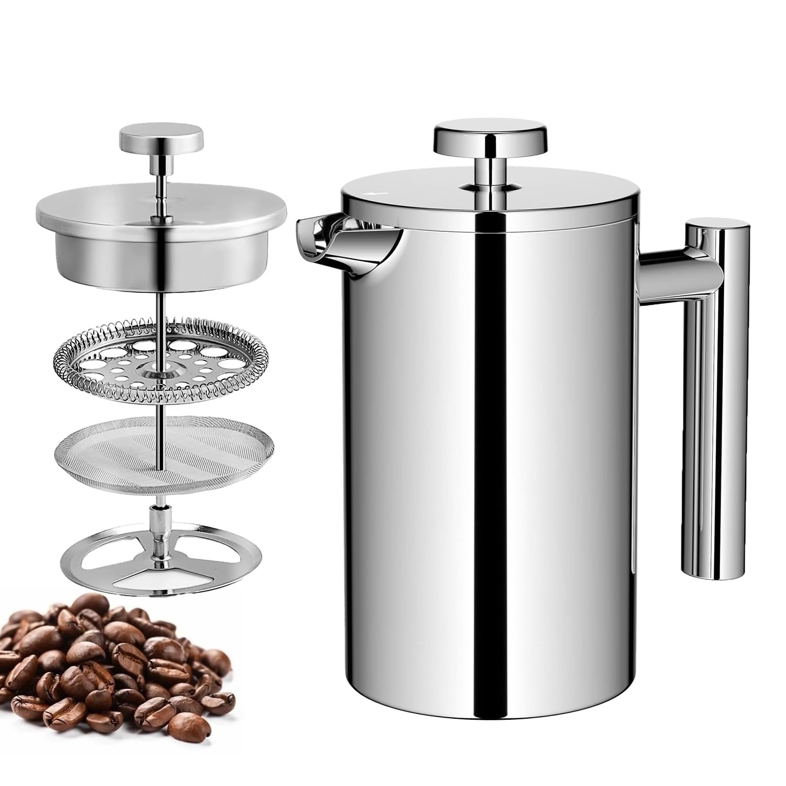 Hniuyun Stainless Steel French Press 20oz(600ml), Double Wall Insulated Travel Coffee Maker, Portable Thermal Flask for Office, Camping & Home