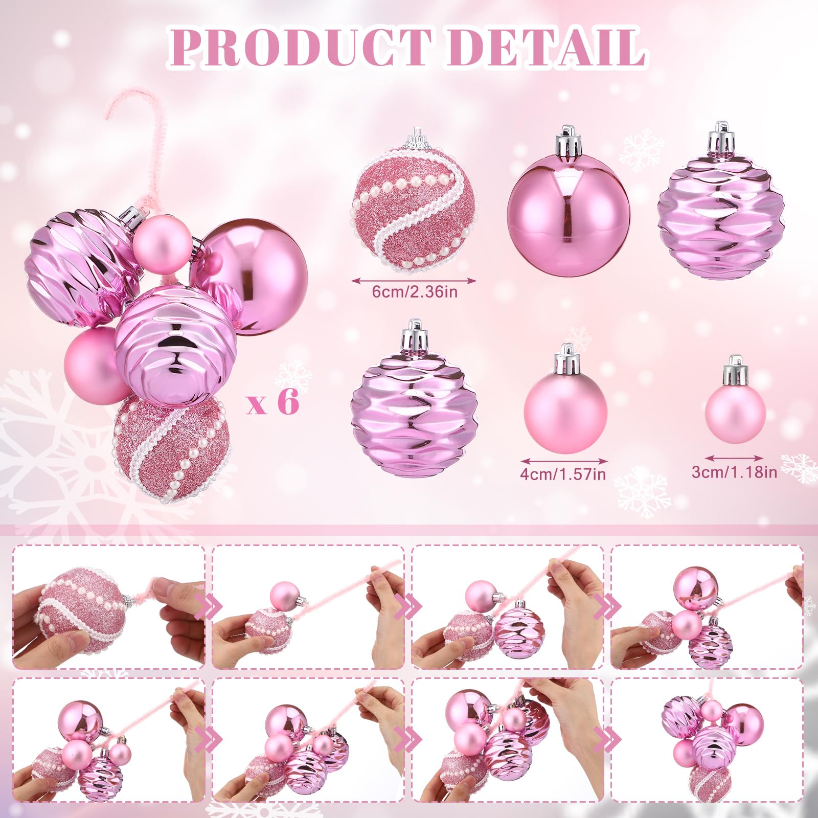 Soulchen Lot de 6 grappes de boules de Noël roses à paillettes à suspendre à la main pour décoration d'intérieur de Noël - 3 à 6,1 cm