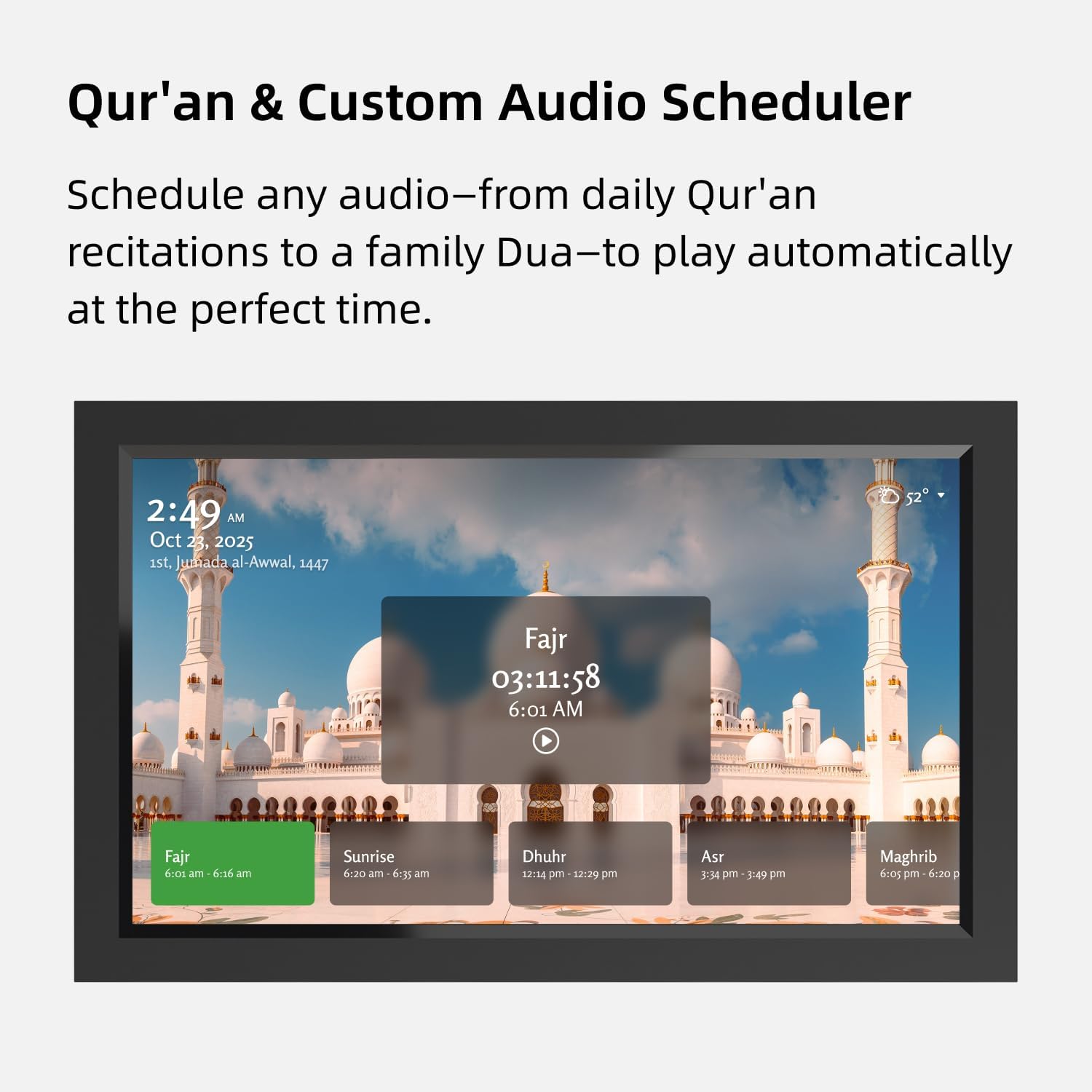 15 Inch Digital Islamic Calendar, Prayer Clock, Smart Azan Timer with Dual Calendar Display, Qur'an Audio Scheduler, Location-Based Prayer Times