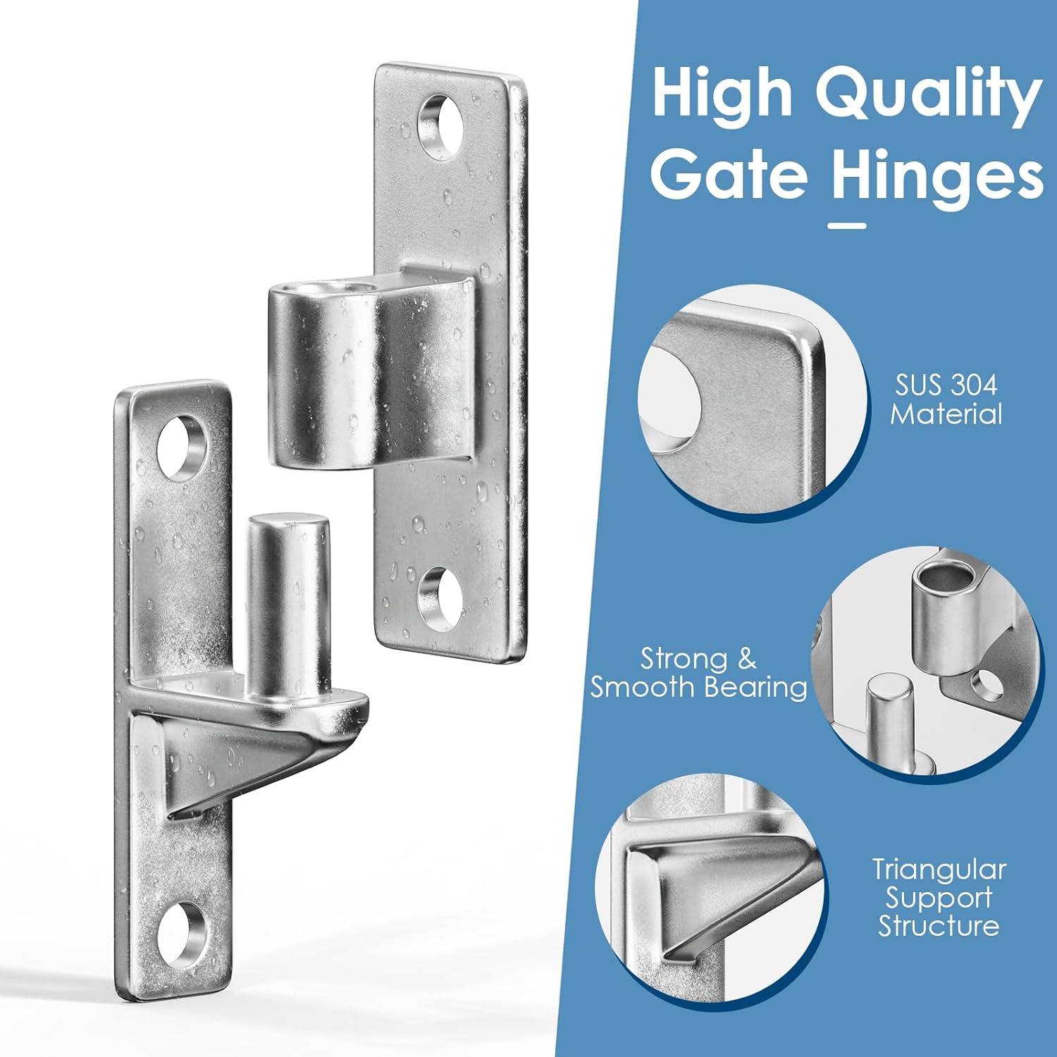 4 Pack Heavy Duty Gate Hinges, 304 Stainless Steel Gate Hinge for Wooden Fences Farm Gates, Wall Mount One Piece with Non-Welding Chain Link Fence Parts with 5/8'', Capacity up to 600lbs