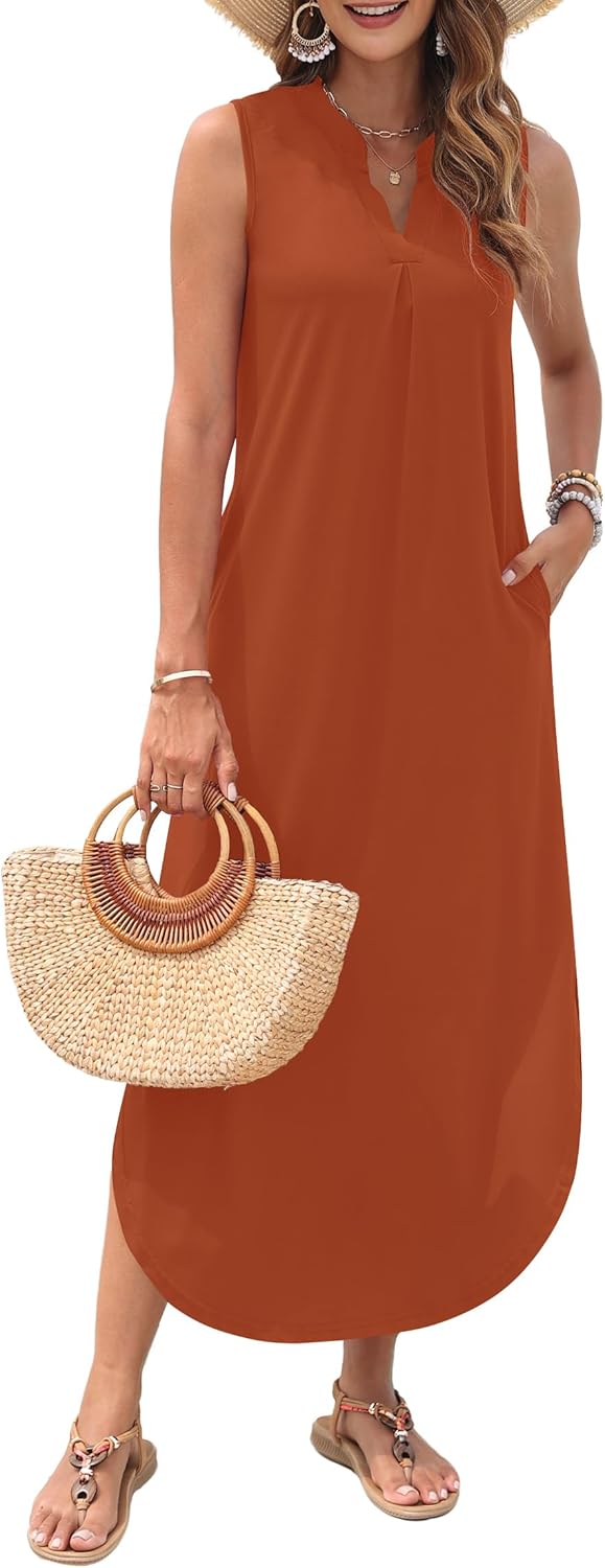 AUSELILY Womens Summer Casual Maxi Dresses 2026 Sleeveless Long Beach Dresses V Neck Loose Sundresses with Side Split Pockets - Image 2