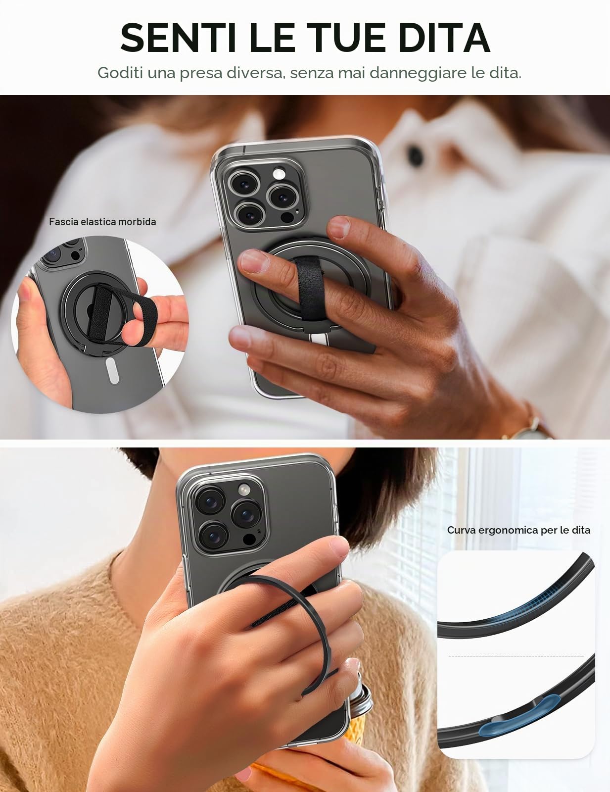 EWA MagOne Ultra Impugnatura per cellulare con cinturino da dito elastico sostituibile, supporto ad anello rimovibile, magnetico su entrambi i lati, per iPhone 15, 14, 13, 12 - Nero