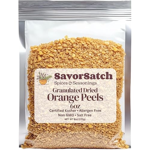 SavorSatch Dried Orange Peel Granules - 6 oz Stand-Up Resealable Pouch | Certified Kosher, Non-GMO | Product of Spain | Fresh and Zesty Citrus Flavor for Cooking, Baking, and Beverages
