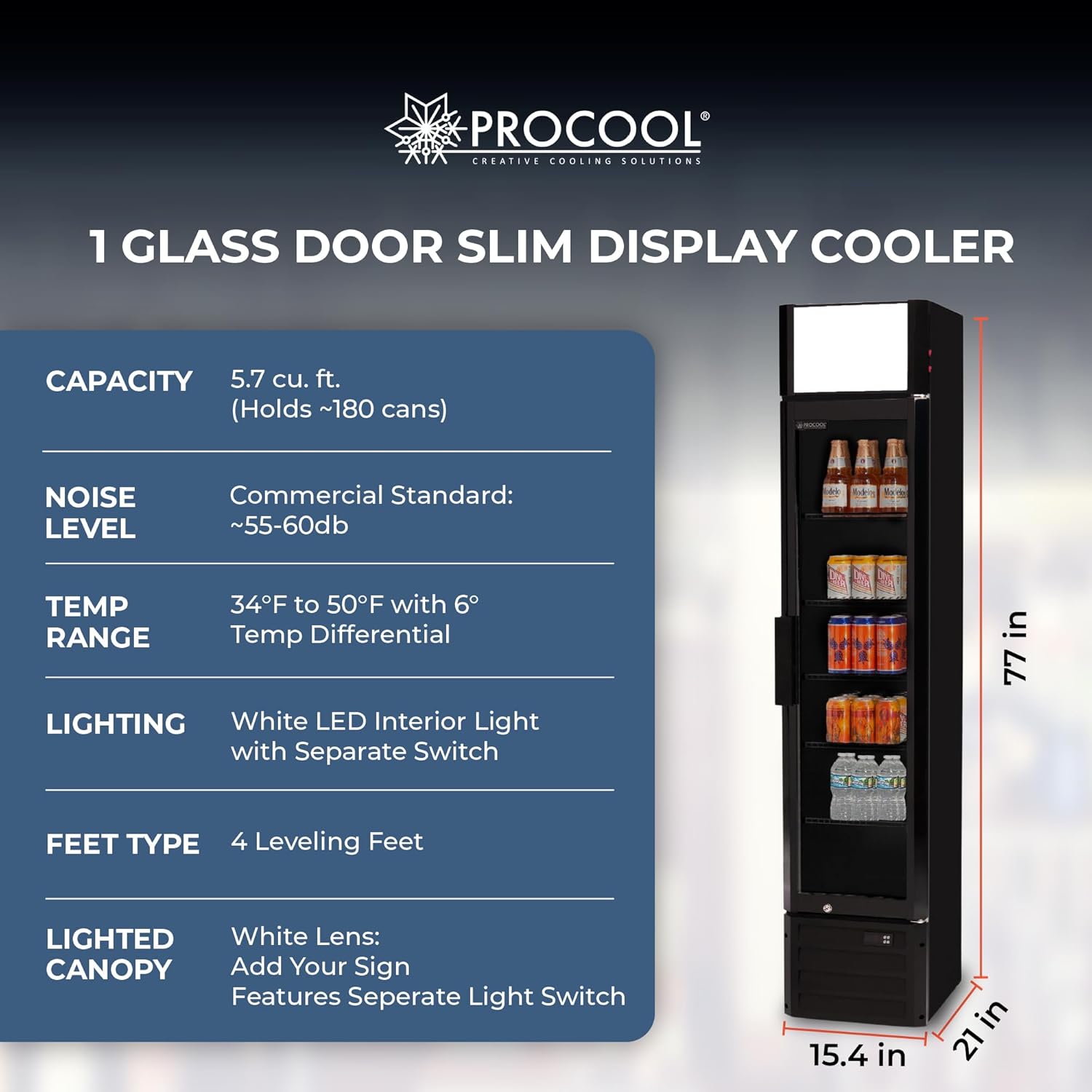 Procool 1-Door Slim Display Cooler - 5.7 Cubic Ft, Energy Efficient, Black Merchandiser Refrigerator With Glass Door, Black Interior & White LED Lighting - Commercial Display Refrigerator