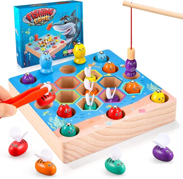 Diyfrety 2 in 1 Magnetic Fishing Game Wooden Toy - Montessori Toy for Children - Gift for Girls Boys
