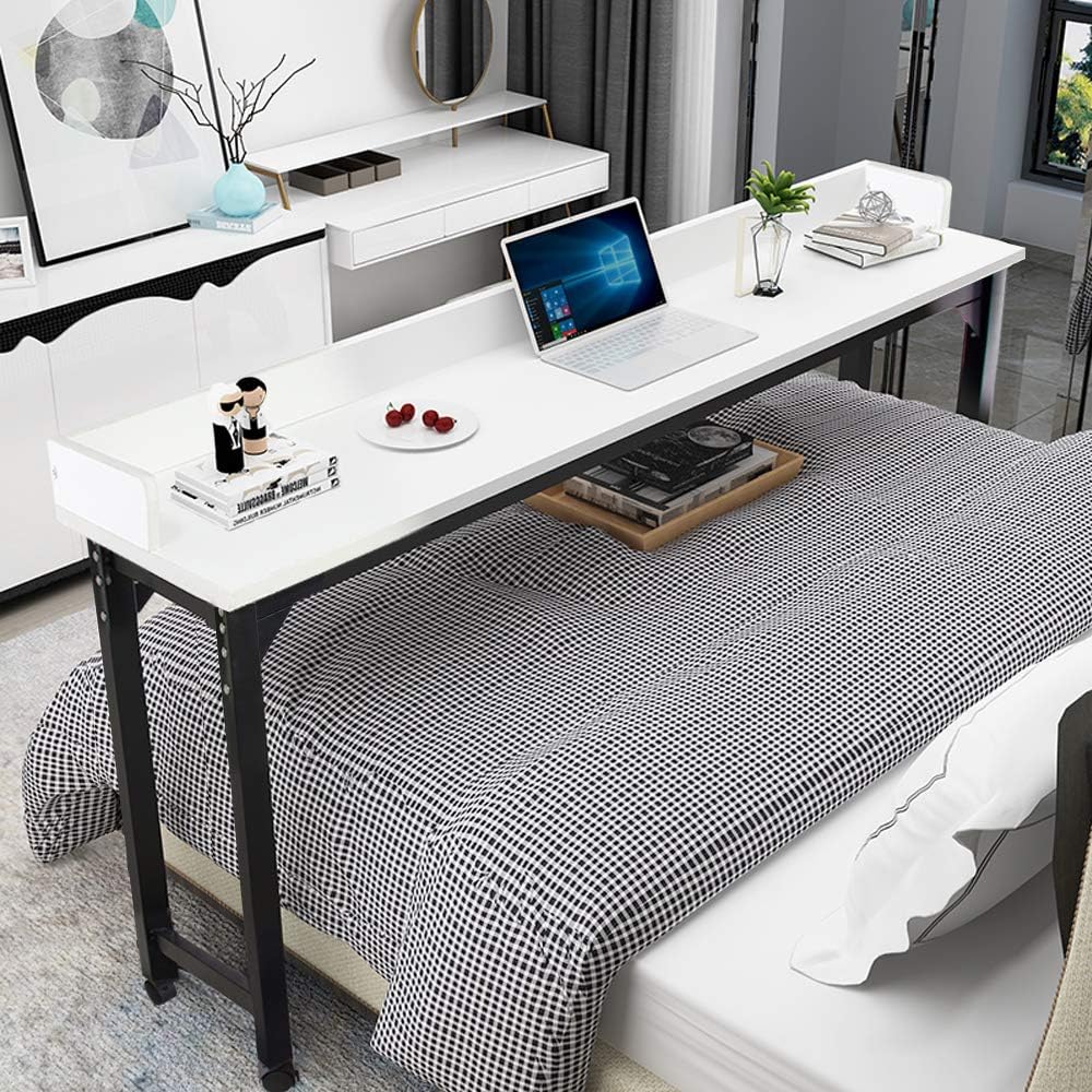 Overbed Table Laptop Desk 71 Inches Mobile Computer Desk Rolling Laptop Cart Heavy Duty Metal Leg with Wheels for Bed Sofa (White)