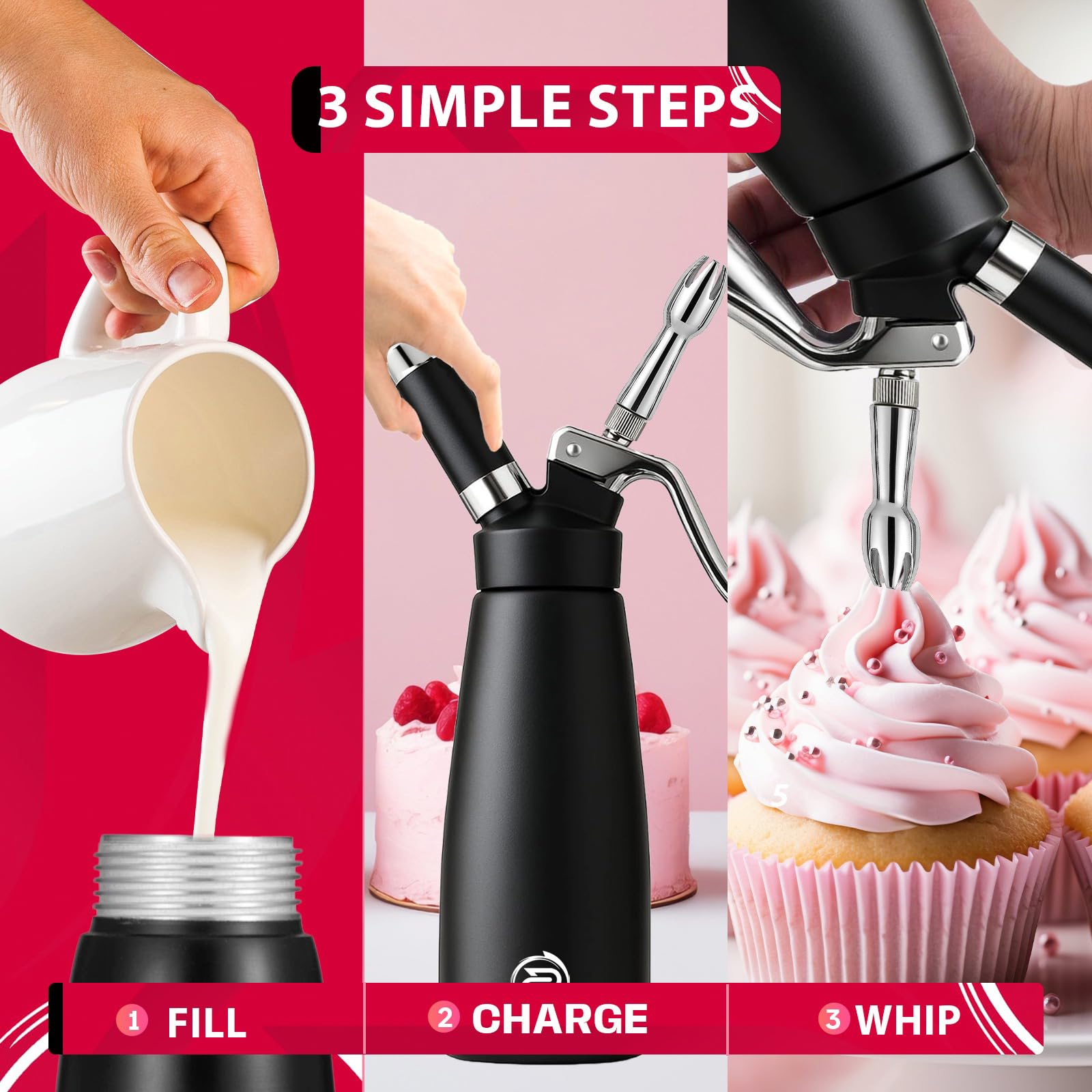 Distributeur professionnel de crème fouettée en aluminium de 500 ml avec 5 embouts de décoration – Machine à crème fouettée avec 2 brosses de nettoyage – Boîte de crème fouettée faite maison robuste