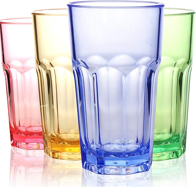 Vuisut Coloured Plastic Glasses Set of 4 Cups Plastic Tumblers for Adults Unbreakable Stackable Glasses for Picnics Children Parties (14.5OZ Color)