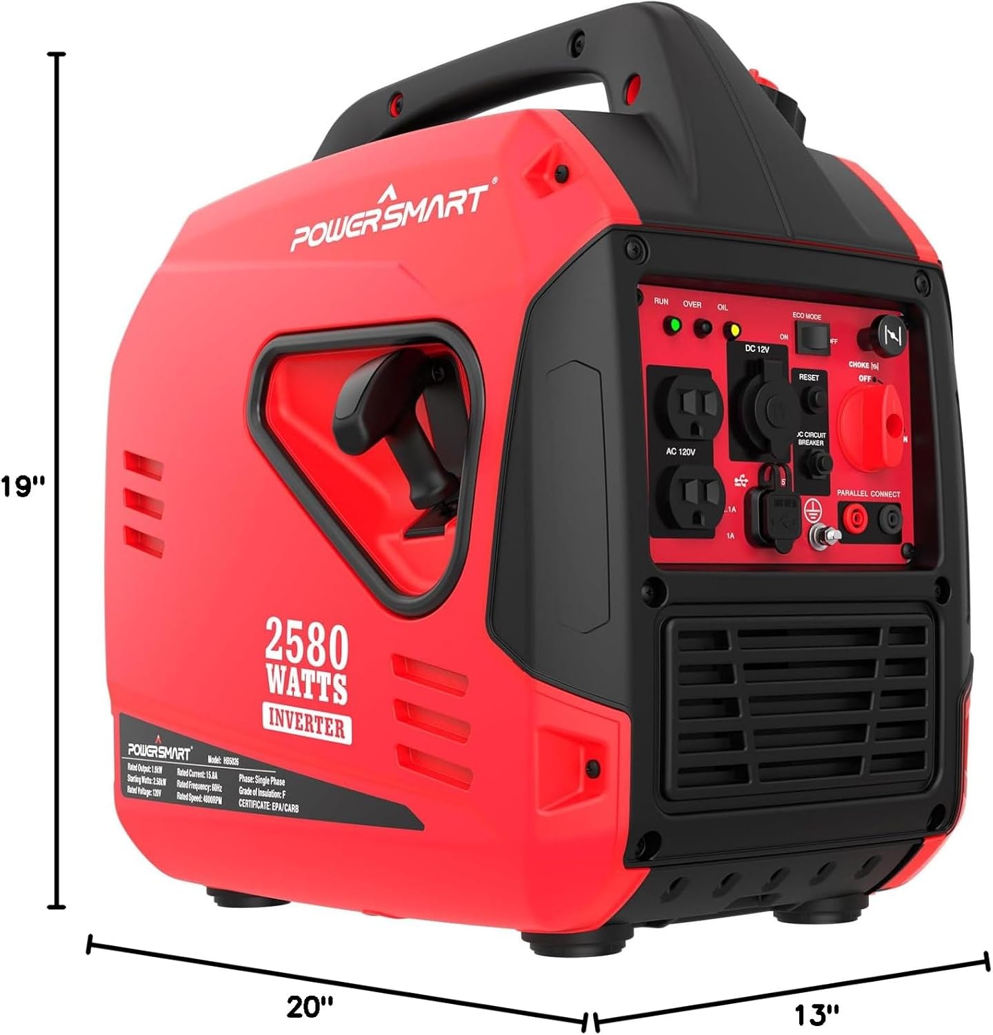 PowerSmart 2580-Watt Portable Inverter Generator with dimensions