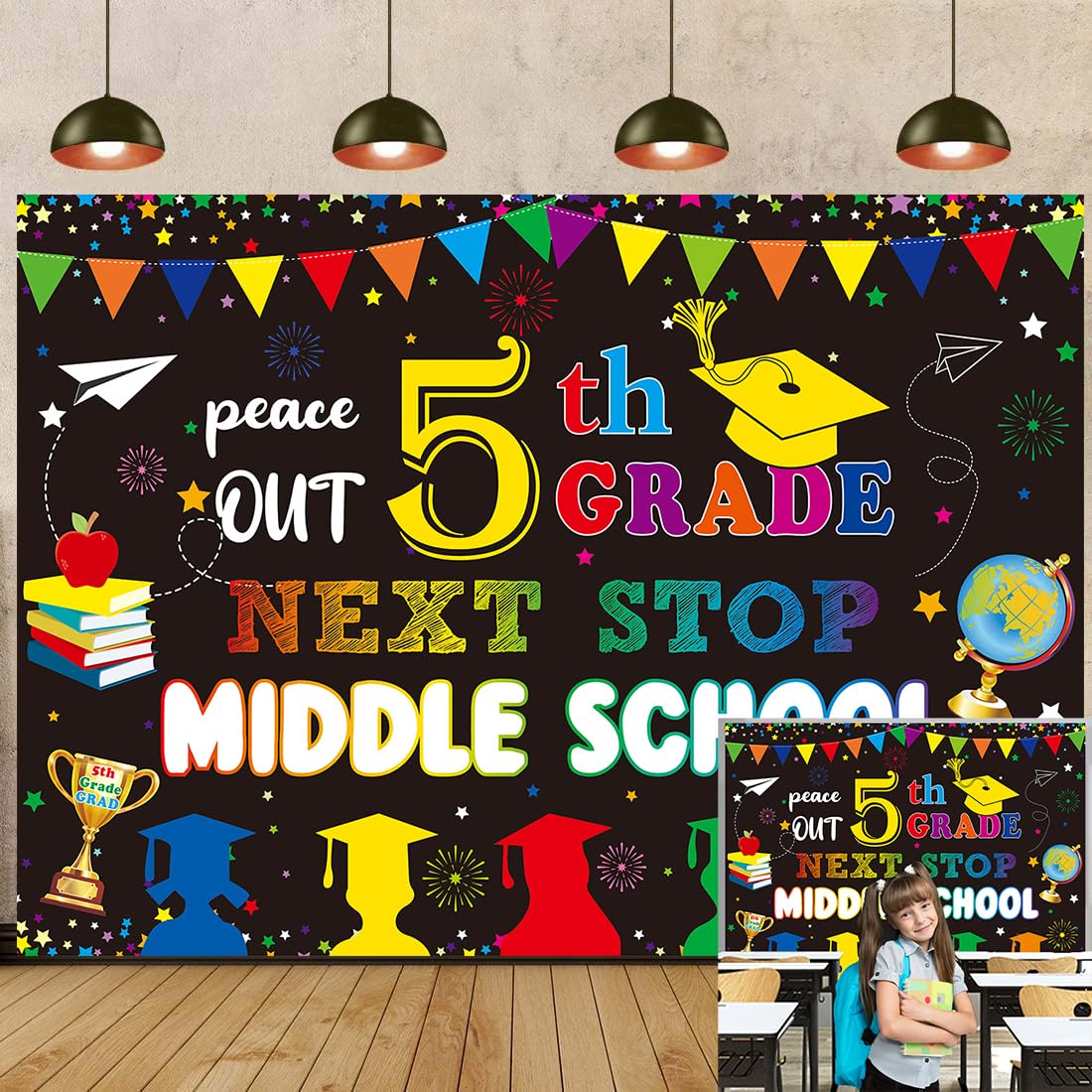 5TH Grade Graduation Backdrop Peace Out 5TH Grade Next Stop Middle School Background Primary School Fifth Grade Graduation Party Decorations Banner (