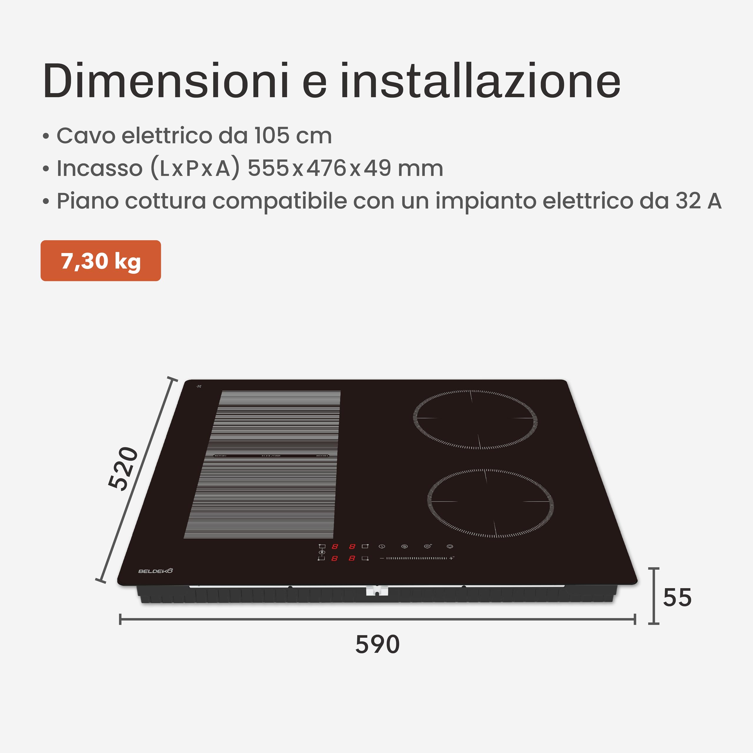 Piano cottura a induzione a 4 zone con zona flex - 7200 W - Slider touch - booster, pausa e mantenimento al caldo