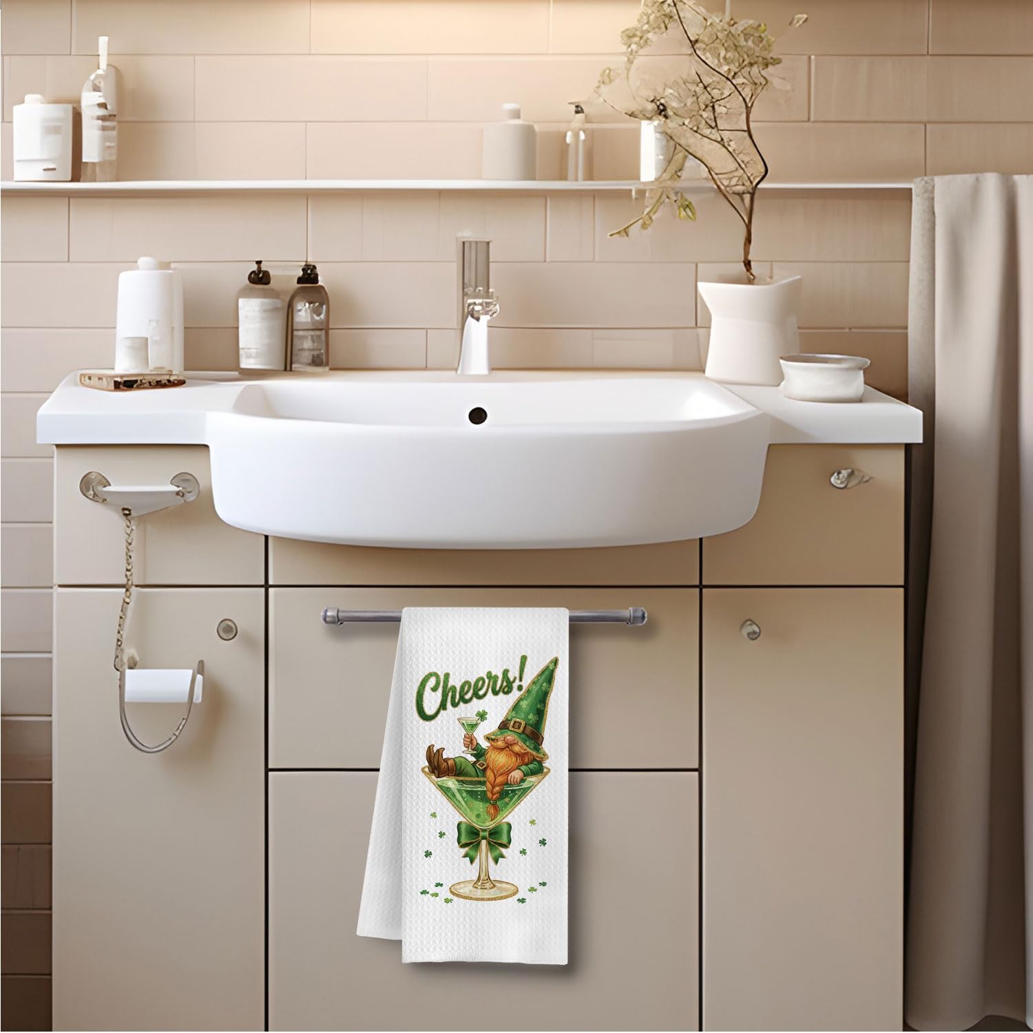 St. Patrick's Day Leprechaun Martini Kitchen Towels, Irish Cocktail Cheers Dish Tea Towels, Gifts for Cocktail Lovers Decorative Hand Towel for Kitchen Bar Pub, 16x24 Inch image 3