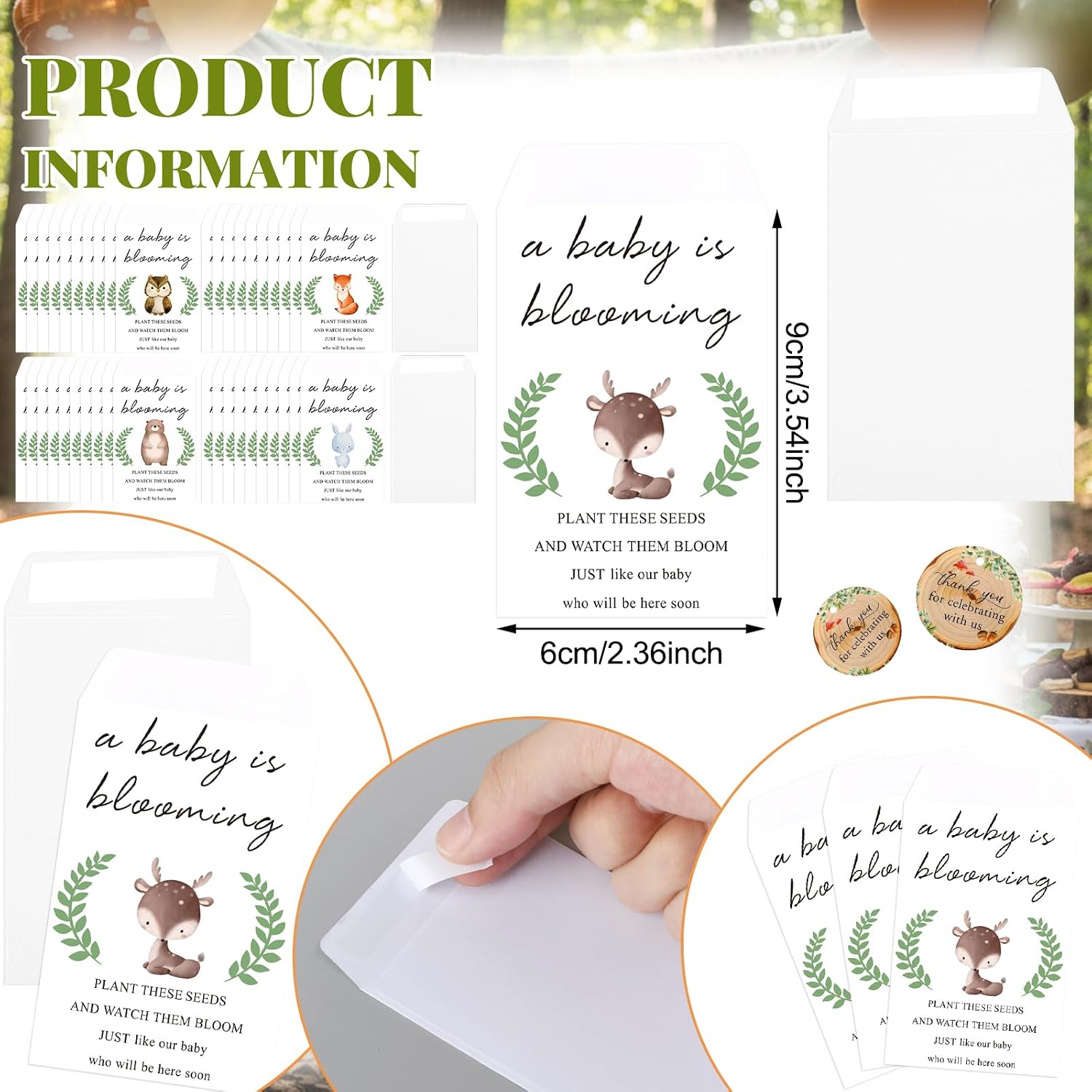 Ctosree 50 Sets Woodland Baby Shower Favors for Guests Baby Is Blooming Themed Seed Packets Include Self Adhesive Seed Packets Flowerpot Thank You Tags Organza Bags for Woodland Animal Party Favors