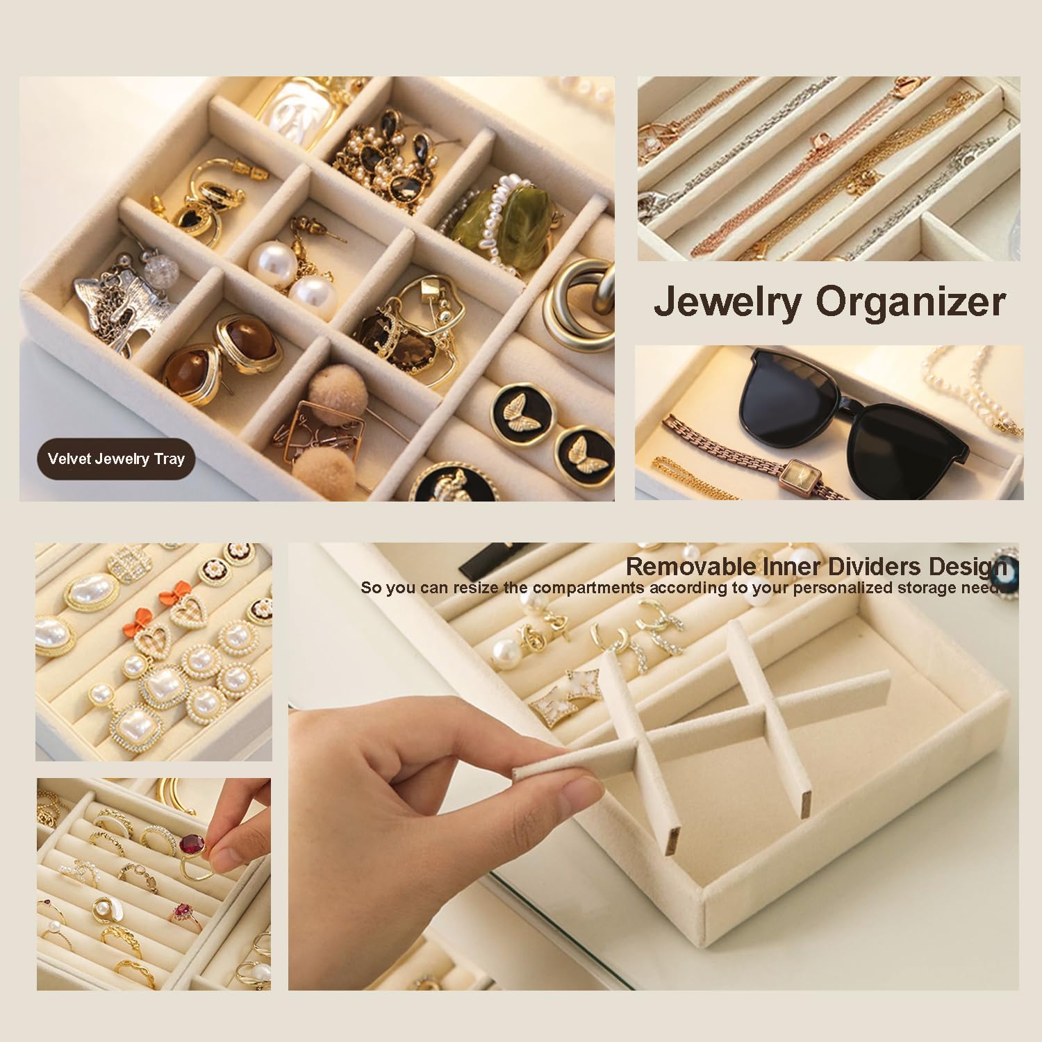 SPAKOWN Jewelry Organizer for Drawer, Adjustable Velvet Jewelry Tray, Stackable Necklace Organizer Earring Holder Organizer Ring Tray Jewelry Storage Display Drawer Inserts Set of 9 (Beige)