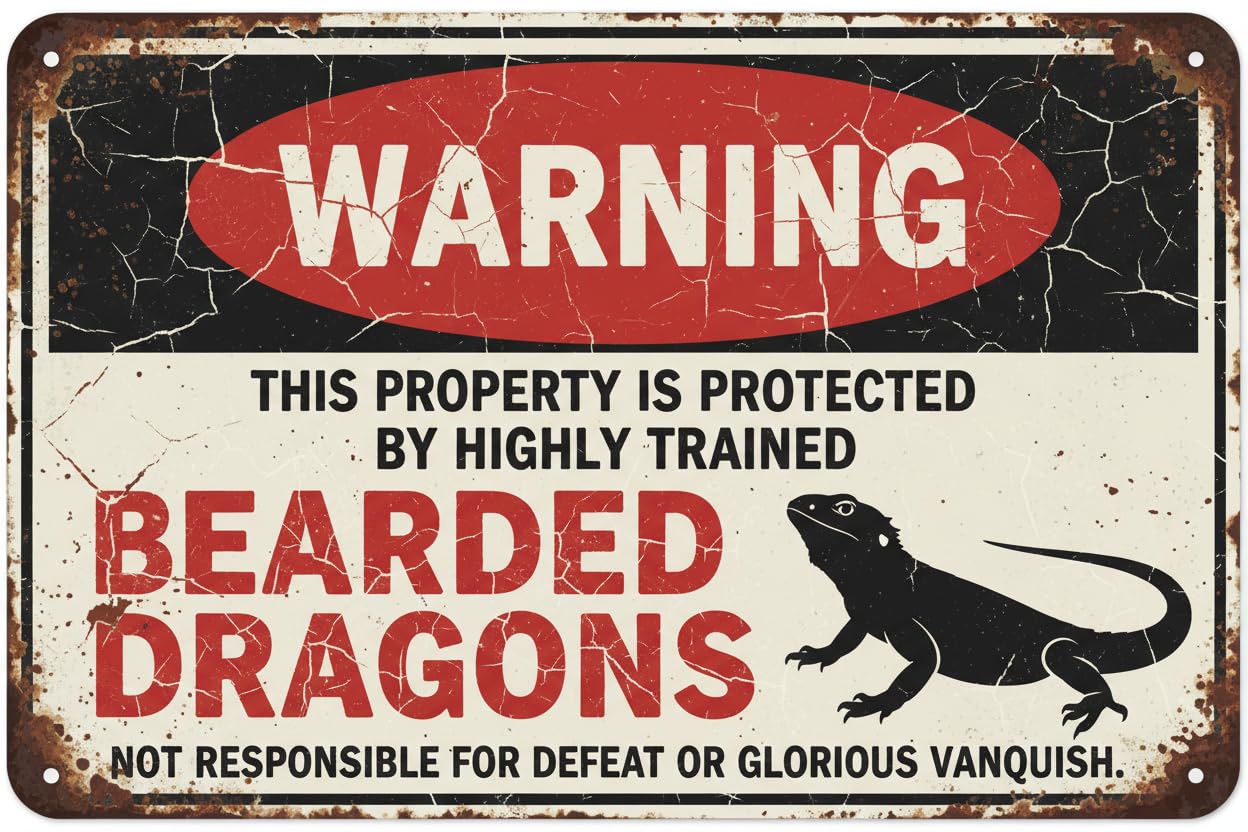 Vintage Metal Tin Sign Bearded Dragons Funny Metal Sign, Lizard Warning Tin Accessory, 8X12 Inches Custom Private Property Signs Outdoor