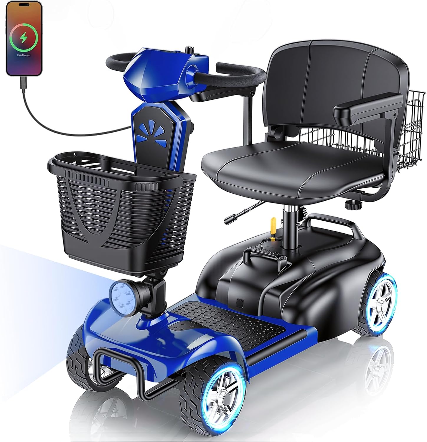15/25/30/50Miles Eldryvon 4 Wheels Electric Mobility Scooter for Seniors, Dual Basket, 350W Powered Wheelchair with Rotating Seat, Foldable Motorized Scooter for Adults (Blue, 15Miles) product image