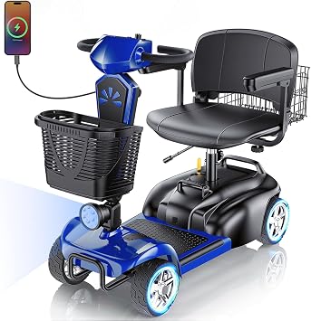 25Miles Eldryvon 4 Wheels Electric Mobility Scooter for Seniors, Dual Basket, 350W Powered Wheelchair with Rotating Seat, Foldable Motorized Scooter for Adults Blue, 25Miles