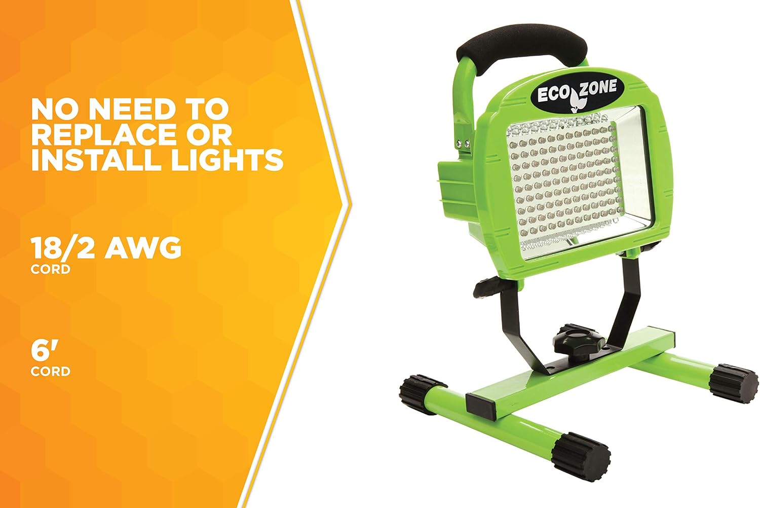 Woods L1306 Ecozone Portable Work Light with On/Off Switch, 120 V, 300 W, LED Lamp, Ideal for Indoor and Outdoor Use, 350 Lumen Output, High-Visibility Green/Black Striped Safety Cord