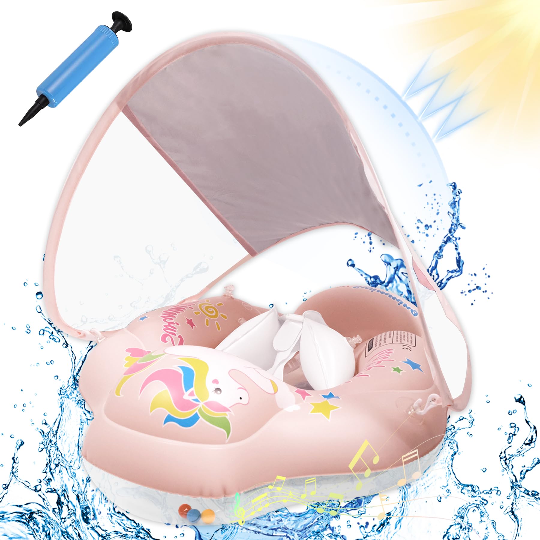 TZEKING Flotador Bebe con Sombrilla,Flotador Bebe con Parasol Extraíble,Flotador Bebe con Sombrilla SPF 50+,Flotador Portátil Ajustable para Piscina de Bebé,Flotador Bebe 3 Meses-36 Meses