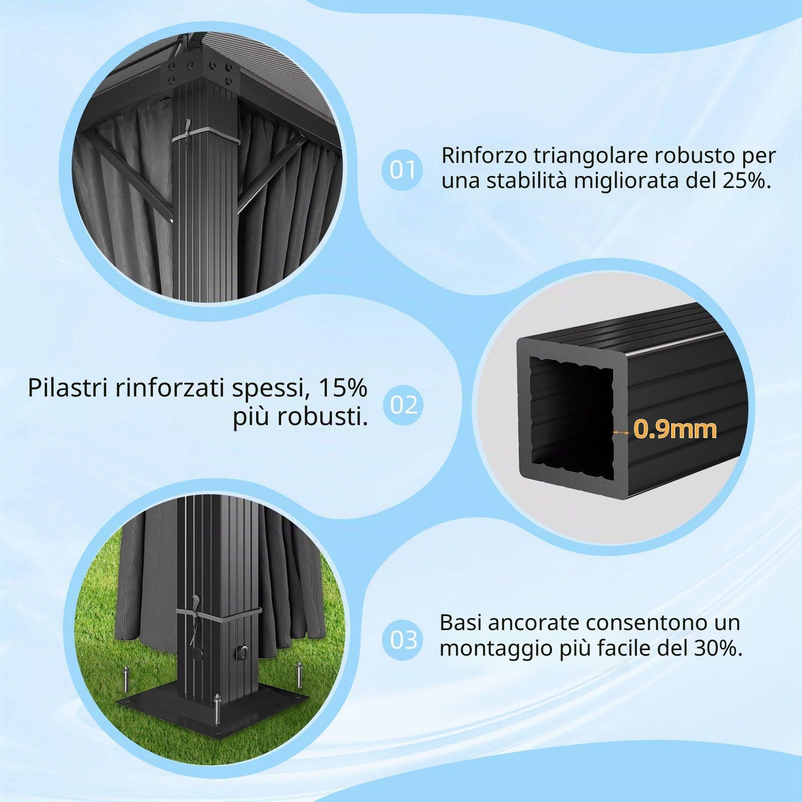 JUMMICO Padiglione da Giardino 3x3m in Alluminio con Tetto Fisso - Design per Ombreggiatura di Giorno e Atmosfera Luminosa di Sera - Stabile e Resistente alle Intemperie