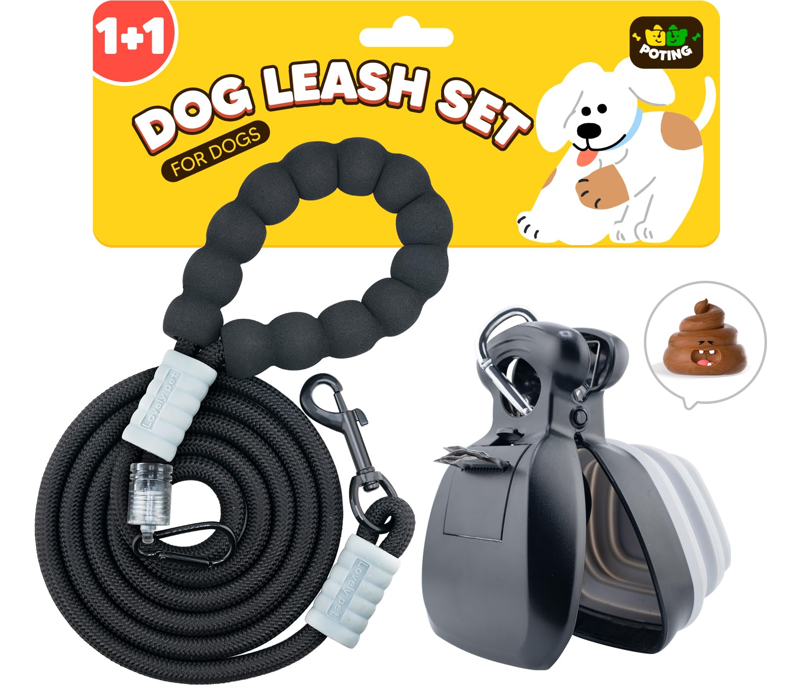 Correa para perros grandes, medianos y pequeños, correa de cuerda resistente de 6 pies con mango acolchado cómodo, pala portátil para excrementos con 1 accesorio para bolsa de residuos, color