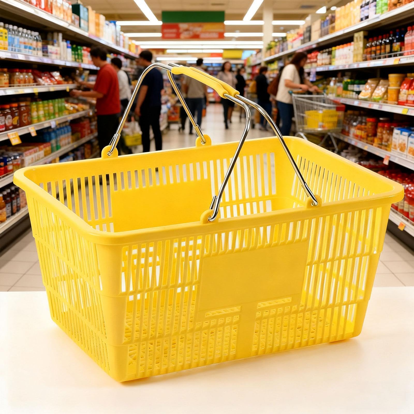 Panier de Courses avec Poignée Métal, Panier Supermarché en Plastique Renforcé, Grande Capacité, pour Commerce, Épicerie et Rangement Maison, Rectangulaire, 42x30 cm, Jaune