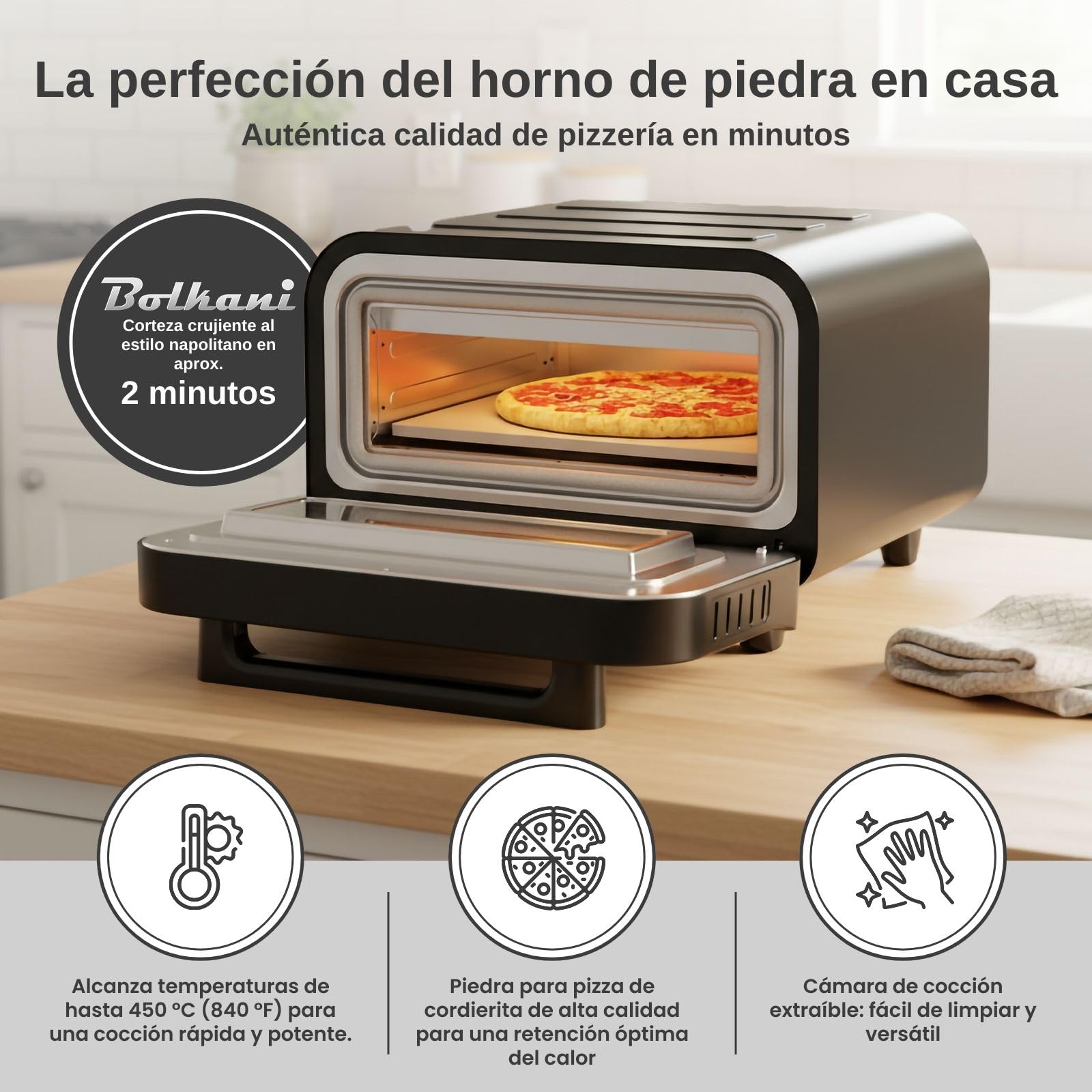 Horno eléctrico para pizza con piedra para pizza, 450 °C para pizza crujiente en 2 minutos, 1700 W, temporizador, iluminación interior y ventana, horno compacto para casa (negro)