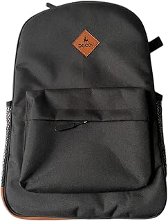 شنطة ظهر بتصميم كلاسيكي مع لمسات بنمط ثعبان، مزينة برقعة شعار من الجلد البني من ديكوف، أزرق كحلي