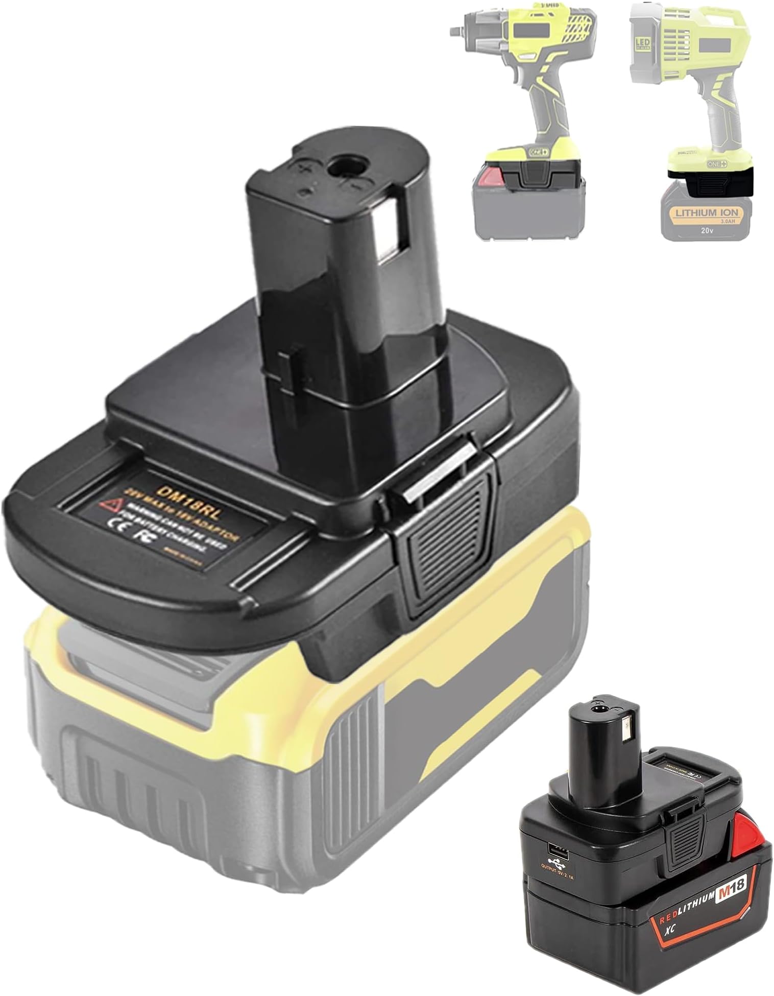TPDL DM18RL Battery adapter Converter with USB for Roybi 18V tools, Compatible for Dewalt 20V and for Milwaukee M18 Battery Convert to Ryobi 18V Lithium-ion Battery P108 ABP1801 RB18L20