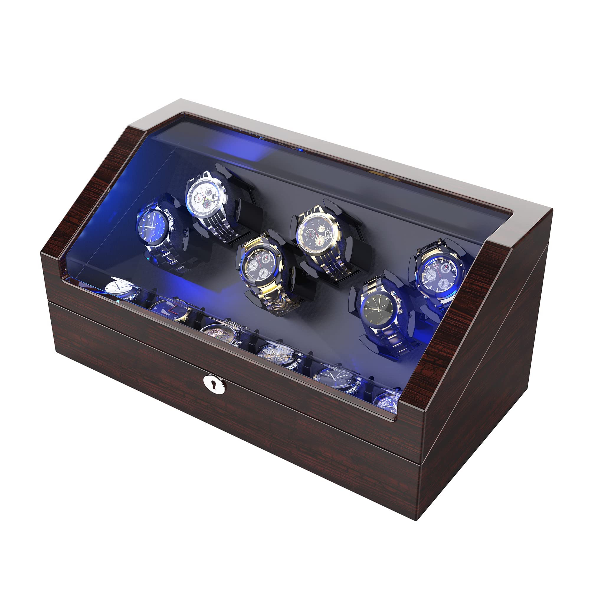 Watch Winder for 12 Storages, Wood Piano Paint Shell+ Extremely Silent Motors, with Soft Flexible Watch Pillow, Built-in Illumination (Pine Bark Pattern)